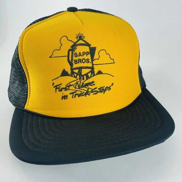 Sapp Bros Truck Stop Black Yellow Mesh Snapback Trucker Hat Cap VTG - Picture 2 of 10